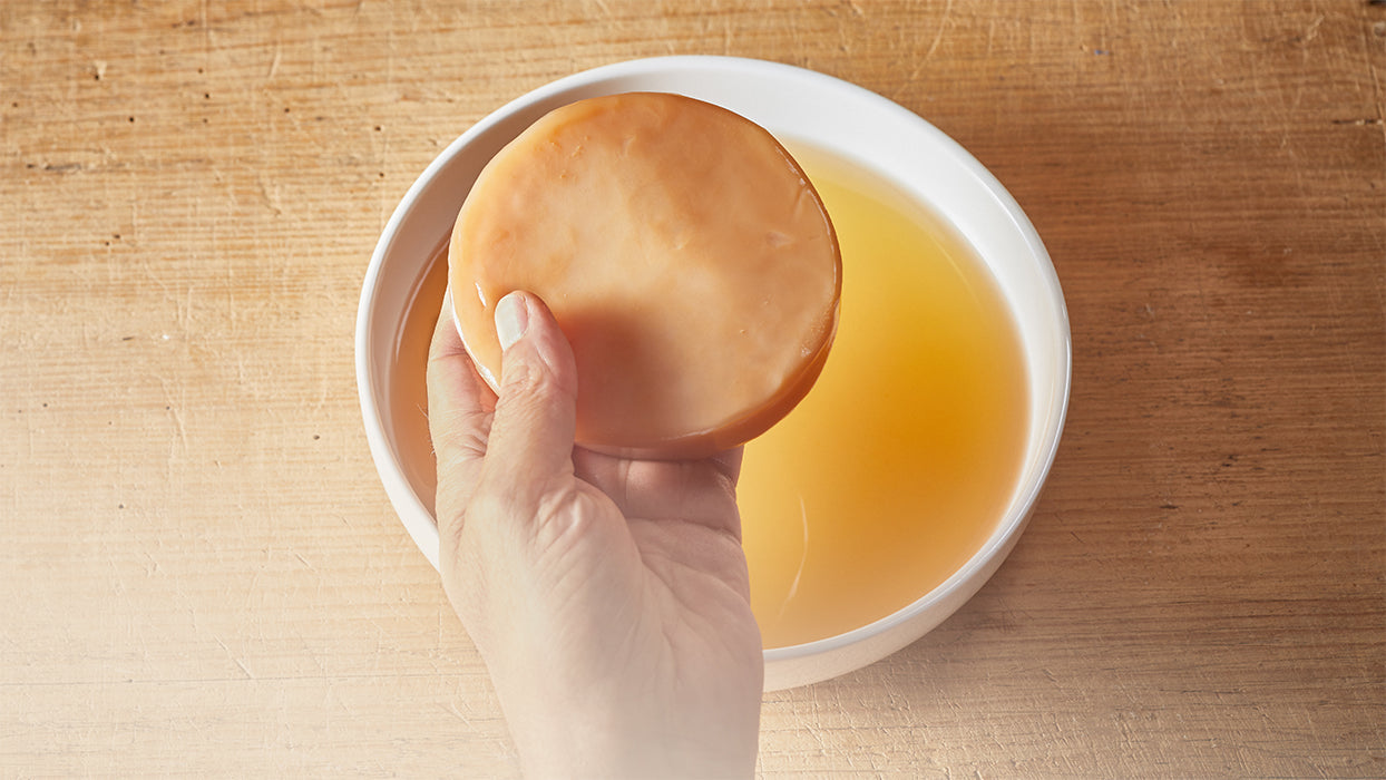 Hand haelt Teepilz weisse Schale Kombucha Holzarbeitsplatte